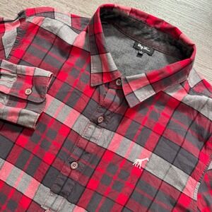 LRG Shirt Mens L Red Gray Plaid Cotton Long Sleeve Button Down Skate Logo Y2K